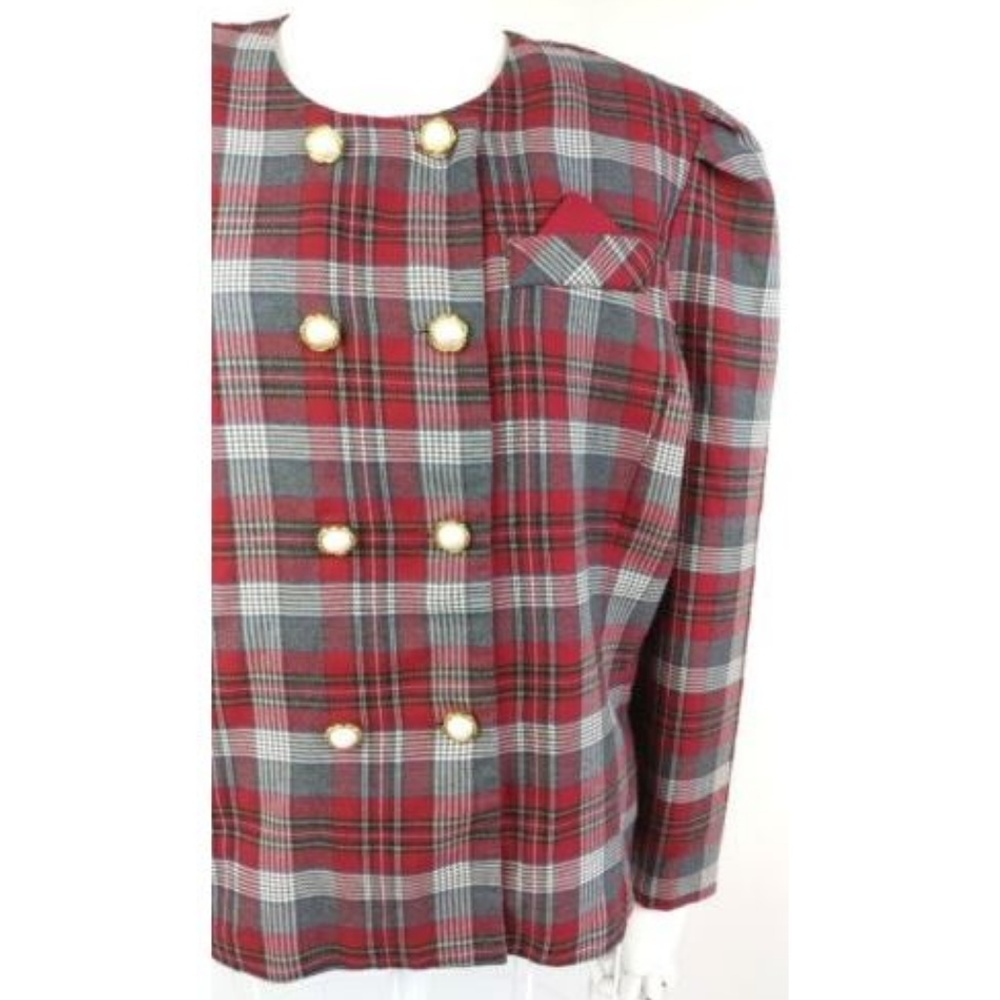 Vintage 80s Plaid Power Suit Blazer Red Gray M L - Picture 3 of 8